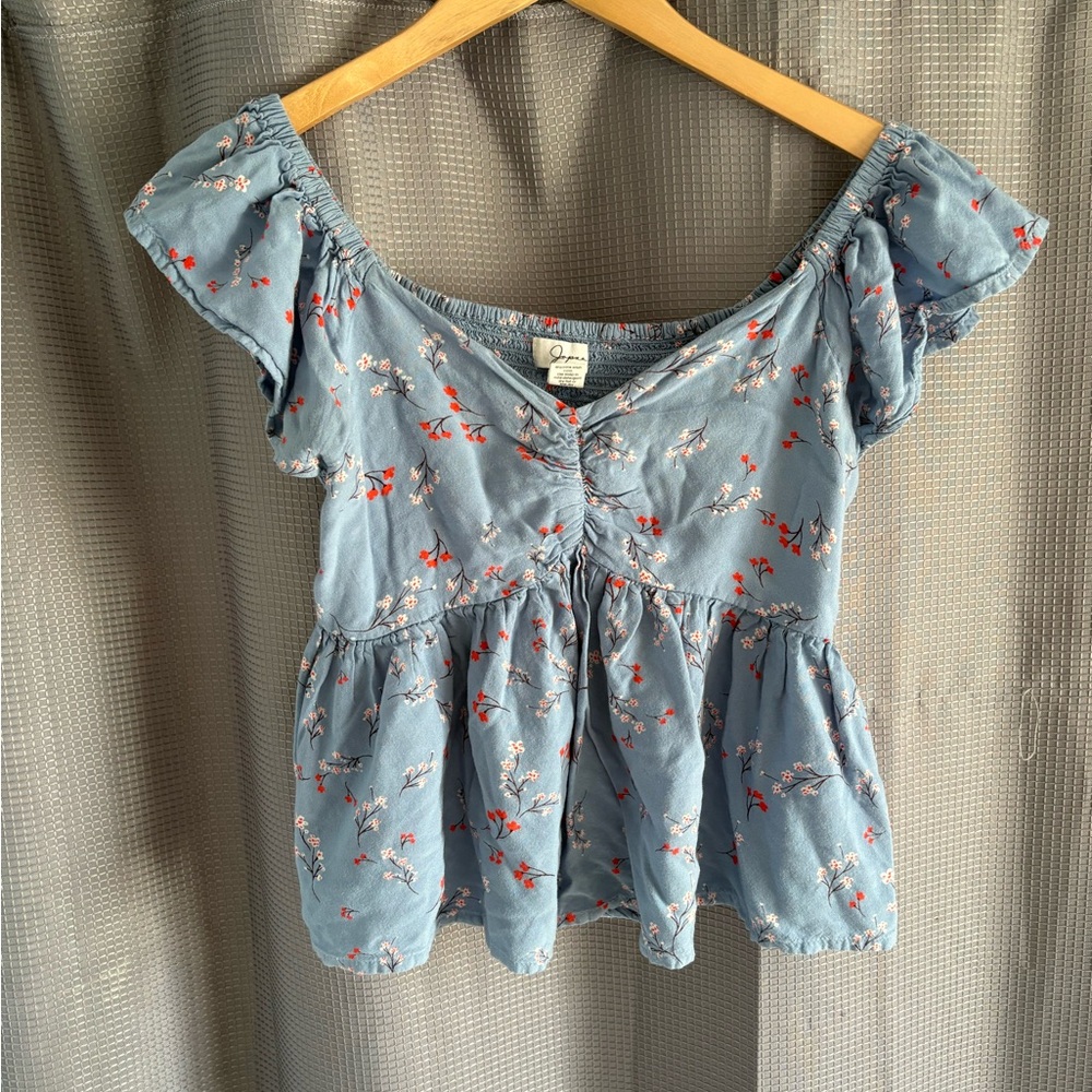 Japna Dusty Blue Floral Babydoll Peplum Top